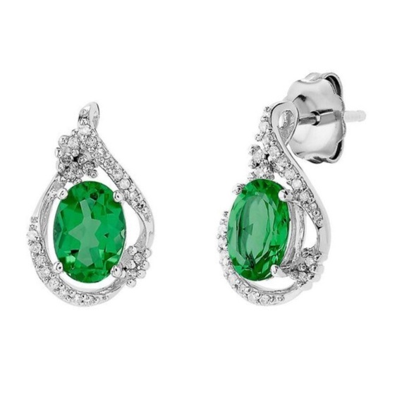 Helzberg Lab Created Emerald & Diamond Earrings In Sterling Silver - Picture 1 of 9